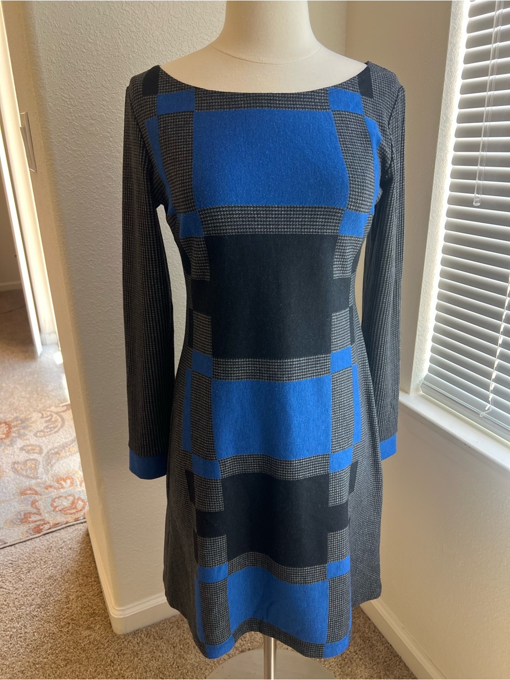 Blue and Black Paneled Midi Dress with Long Sleeves